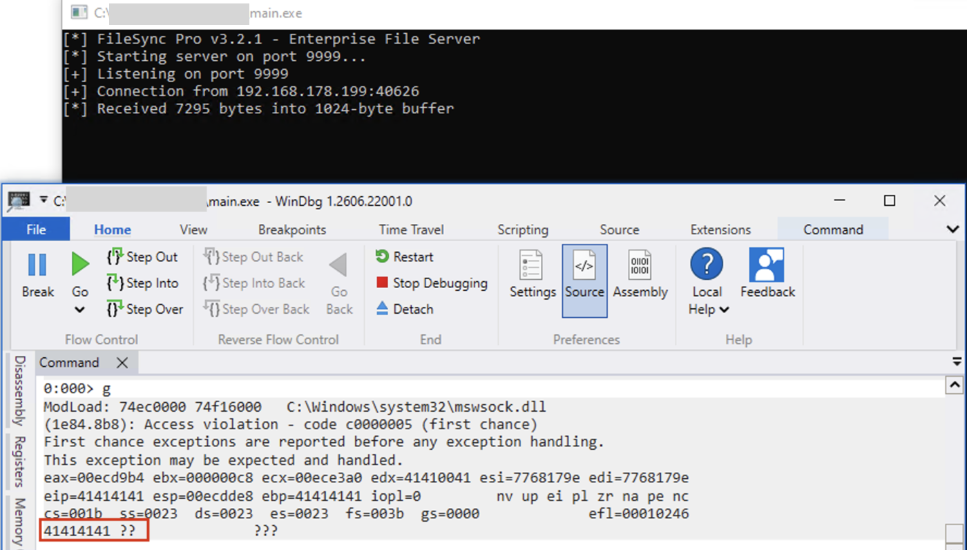 EIP overwritten with 41414141 in WinDbg